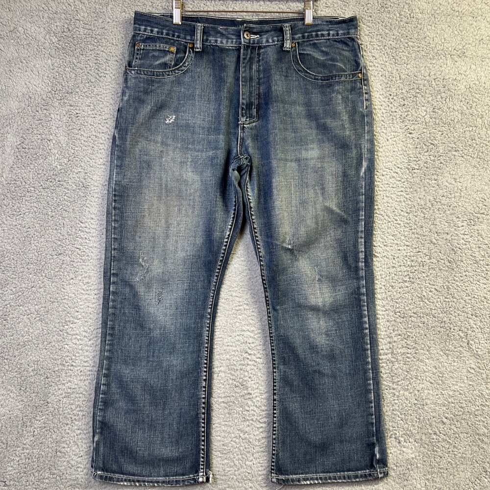 Flypaper Jeans Men 38x30 Blue Denim Bootcut Medium Wash Distressed Embroidered